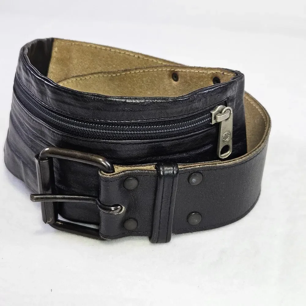 VTG Brazilian Leather Money Belt S Black Zippered Pouch Wide Biker Goucho Travel